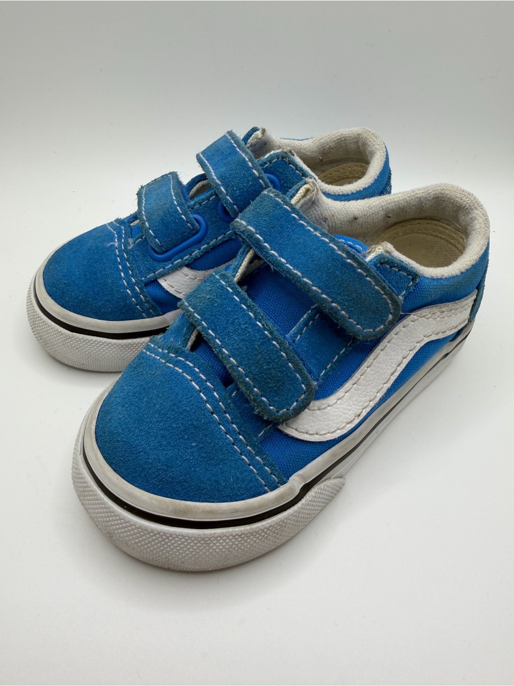 Vans Kids Blue Suede Velcro Sneakers with White Side Stripe